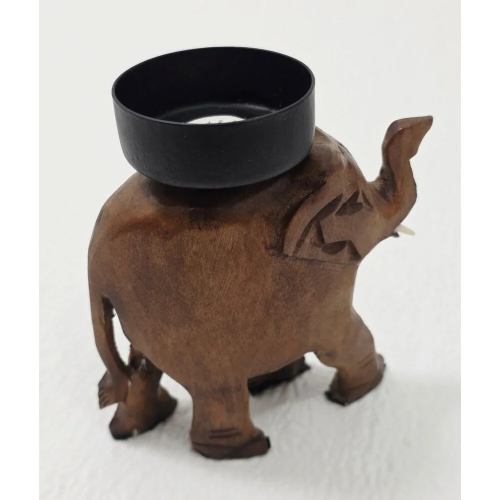 Vintage Wooden Carved Elephant Tea Light Candle Holder